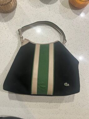 Lacoste Black Shoulder Bag with Green and Beige Stripes